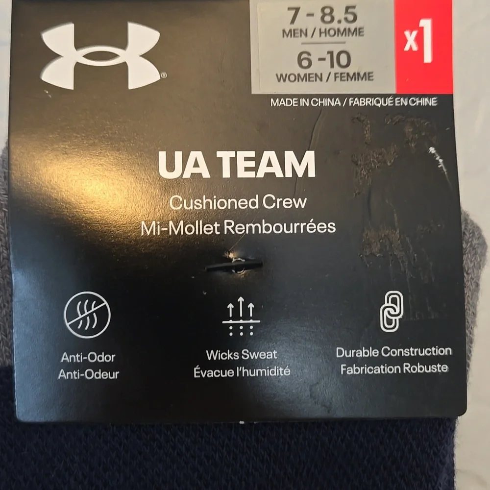Under Armour UA Team Cushioned Crew Socks - Navy/Gray Men 7-8.5 Women 6-10